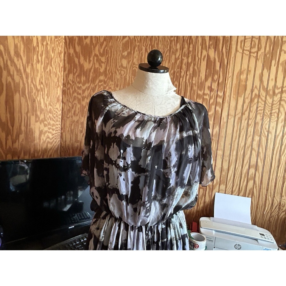Akiko Silk Black Gray Fairy Goth Flowy Dress Size S Cinch‎ Waist Mini - Picture 3 of 9